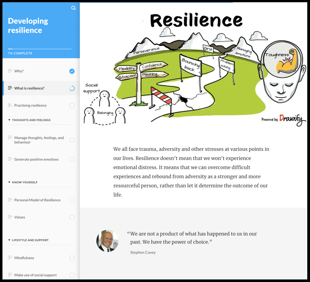 Screenshot showing an image of words associated with resilience, a paragraph of text, and a quote.